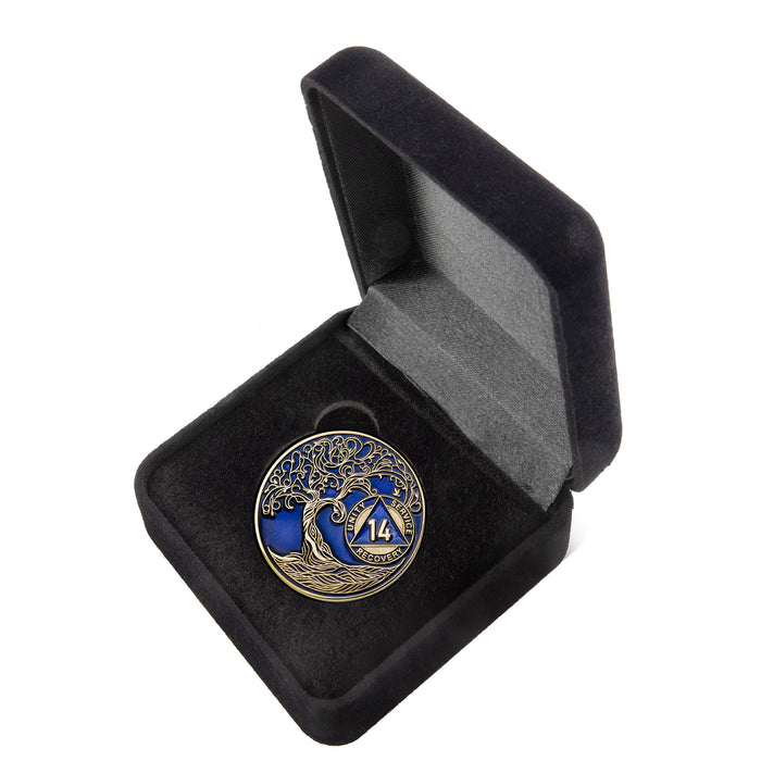 14 Year Sobriety Mint Twisted Tree of Life Gold Plated AA Recovery Medallion - Fourteen Year Chip/Coin - Blue + Velvet Box