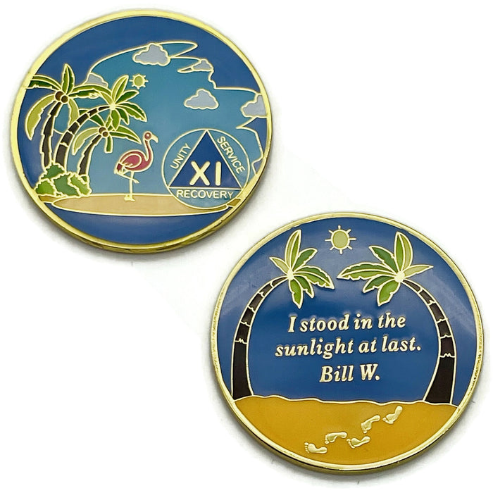 11 Year Beach Themed Specialty Tri-Plated AA Recovery Medallion - Eleven Year Chip/Coin