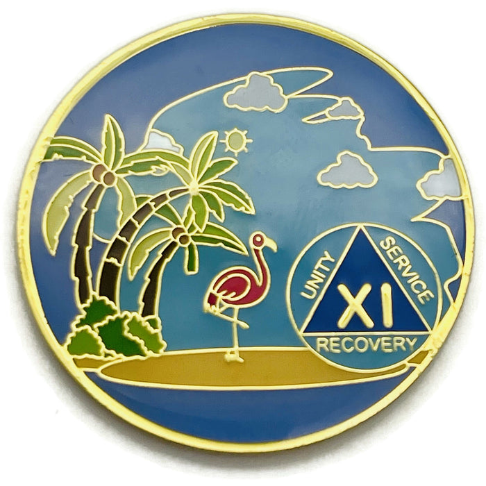 11 Year Beach Themed Specialty Tri-Plated AA Recovery Medallion - Eleven Year Chip/Coin + Velvet Case