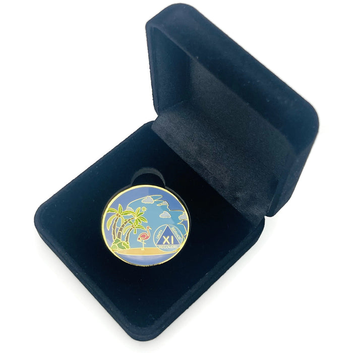 11 Year Beach Themed Specialty Tri-Plated AA Recovery Medallion - Eleven Year Chip/Coin + Velvet Case
