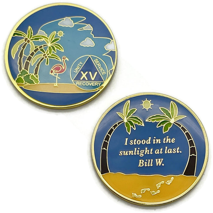 15 Year Beach Themed Specialty Tri-Plated AA Recovery Medallion - Fifteen Year Chip/Coin