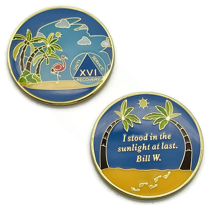 16 Year Beach Themed Specialty Tri-Plated AA Recovery Medallion - Sixteen Year Chip/Coin + Velvet Case