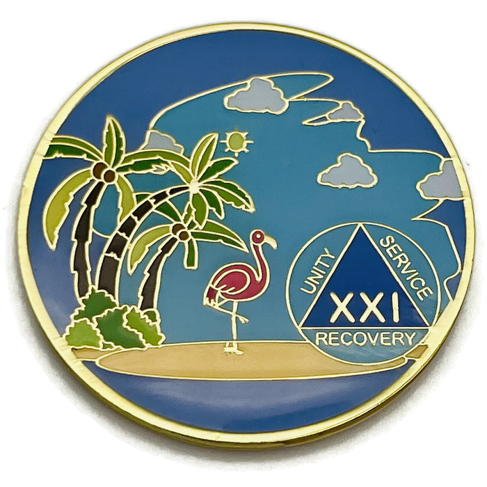 21 Year Beach Themed Specialty Tri-Plated AA Recovery Medallion - Twenty One Year Chip/Coin + Velvet Case