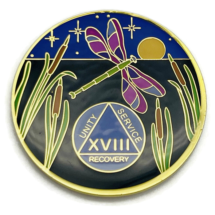 Dragonfly 9th Step 18 Year Specialty AA Recovery Medallion - Tri-Plated Eighteen Year Chip/Coin