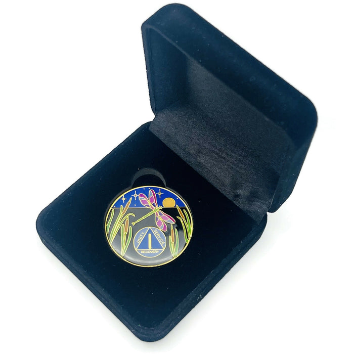 Dragonfly 9th Step 1 Year Specialty AA Recovery Medallion - Tri-Plated One Year Chip/Coin + Velvet Case
