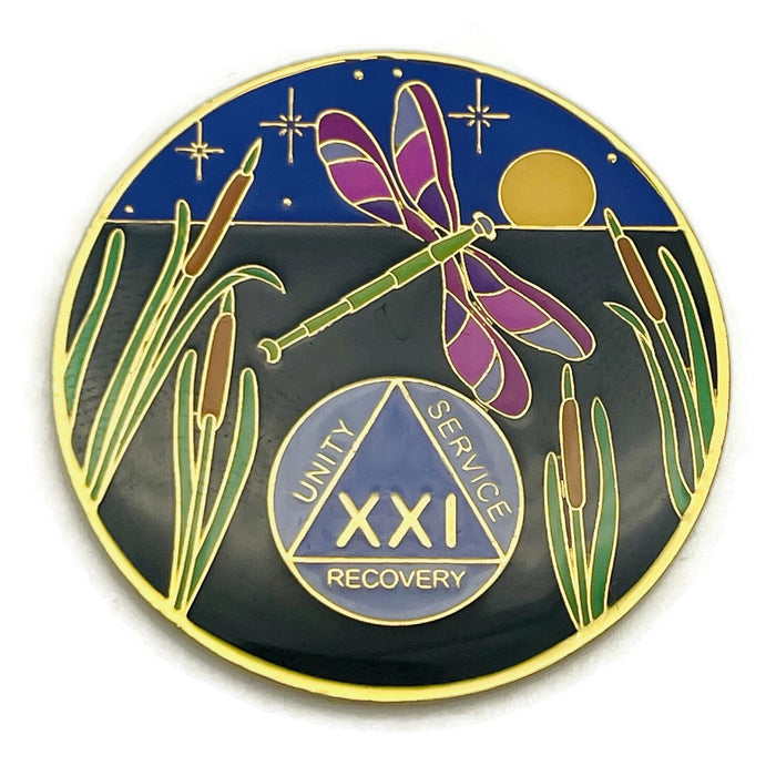 Dragonfly 9th Step 21 Year Specialty AA Recovery Medallion - Tri-Plated Twenty-One Year Chip/Coin