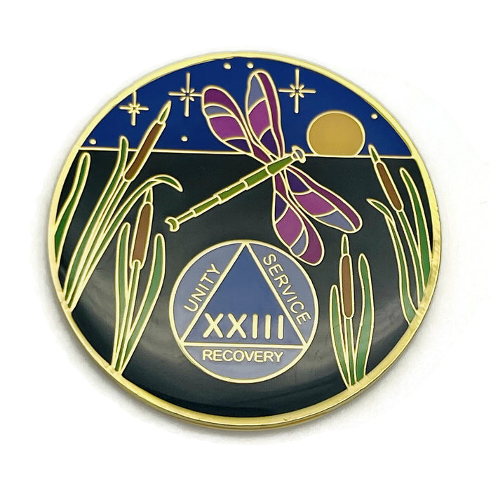 Dragonfly 9th Step 23 Year Specialty AA Recovery Medallion - Tri-Plated Twenty-Three Year Chip/Coin + Velvet Case