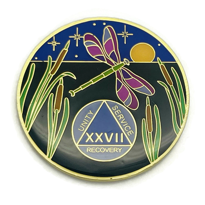 Dragonfly 9th Step 27 Year Specialty AA Recovery Medallion - Tri-Plated Twenty-Seven Year Chip/Coin + Velvet Case
