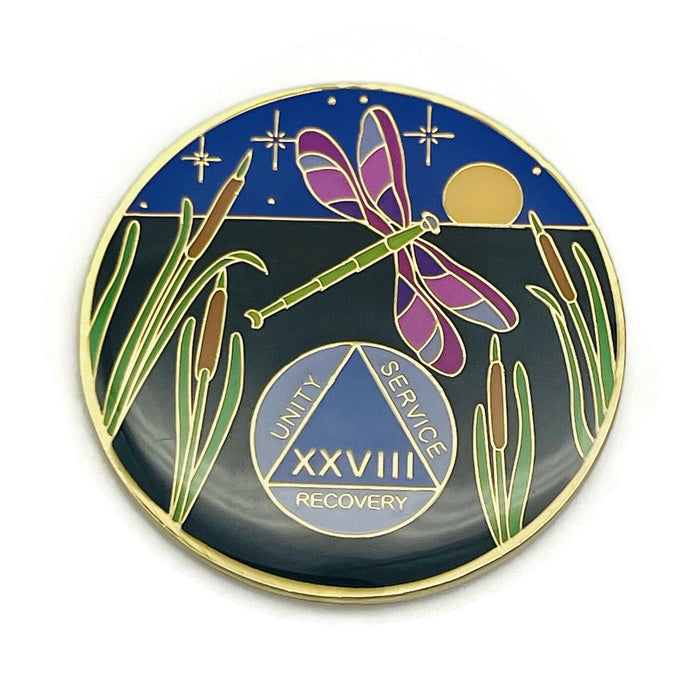 Dragonfly 9th Step 28 Year Specialty AA Recovery Medallion - Tri-Plated Twenty-Eight Year Chip/Coin