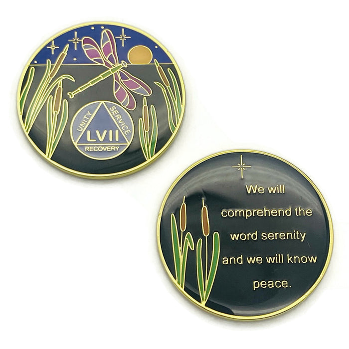 Dragonfly 9th Step 57 Year Specialty AA Recovery Medallion - Tri-Plated Fifty-Seven Year Chip/Coin