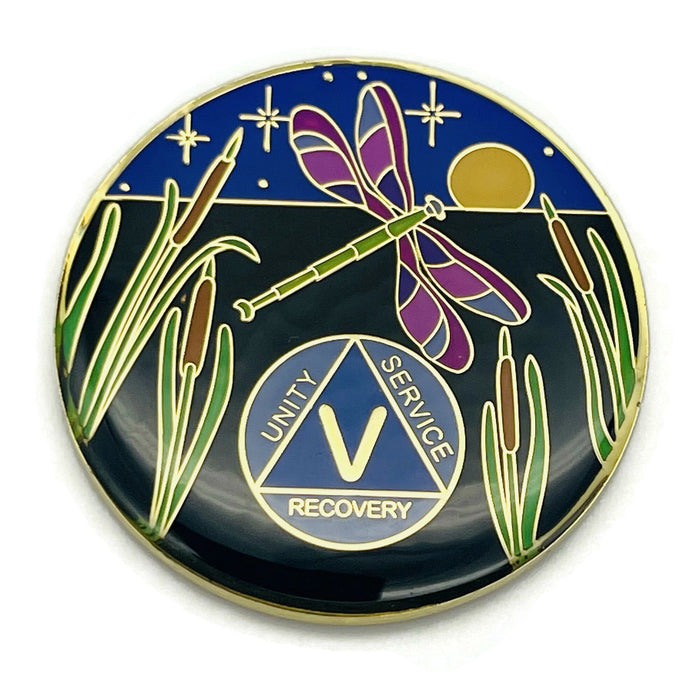 Dragonfly 9th Step 5 Year Specialty AA Recovery Medallion - Tri-Plated Five Year Chip/Coin + Velvet Case
