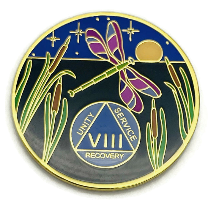 Dragonfly 9th Step 8 Year Specialty AA Recovery Medallion - Tri-Plated Eight Year Chip/Coin + Velvet Case