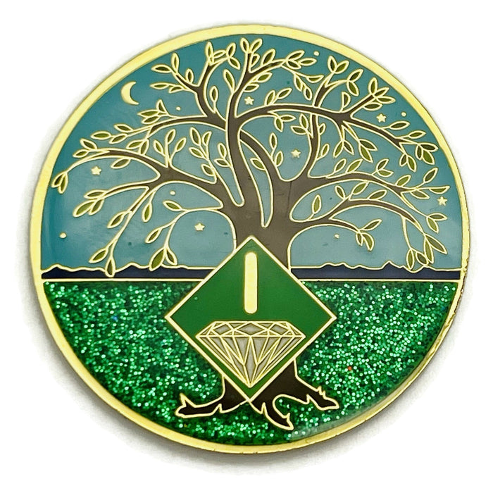 1 Year Tree of Life Specialty Tri-Plated NA Recovery Medallion - One Year Chip/Coin - Green/Blue + Velvet Case