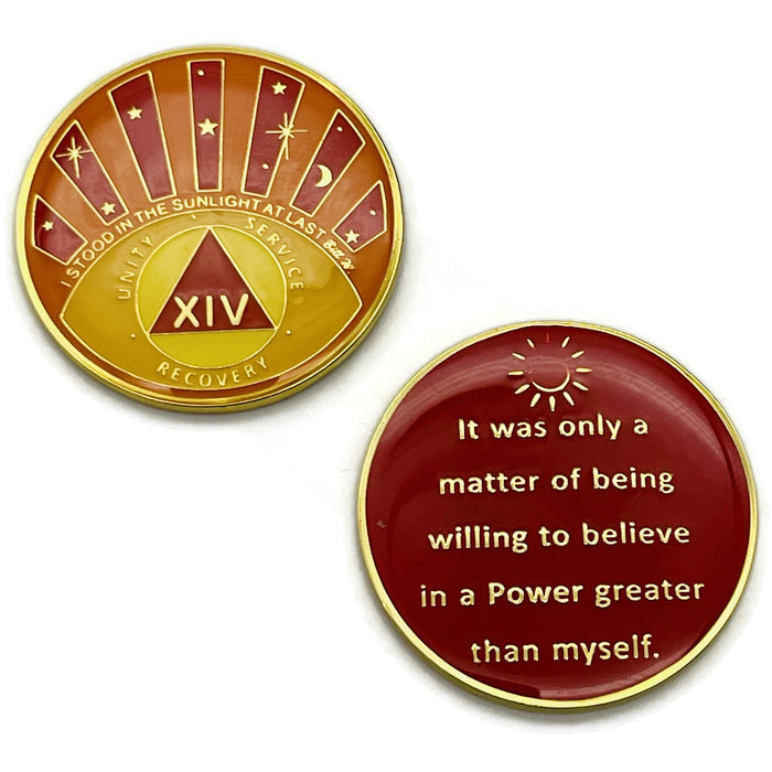 Stood in the Sunlight 14 Year Specialty AA Recovery Medallion - Tri-Plated Fourteen Year Chip/Coin + Velvet Case
