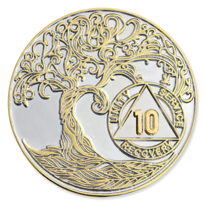 10 Year XL 40mm Nickel & Gold Bi-Plated Sobriety Mint Twisted Tree of Life AA Recovery Medallion - Ten Year Chip/Coin - Silver/Gold