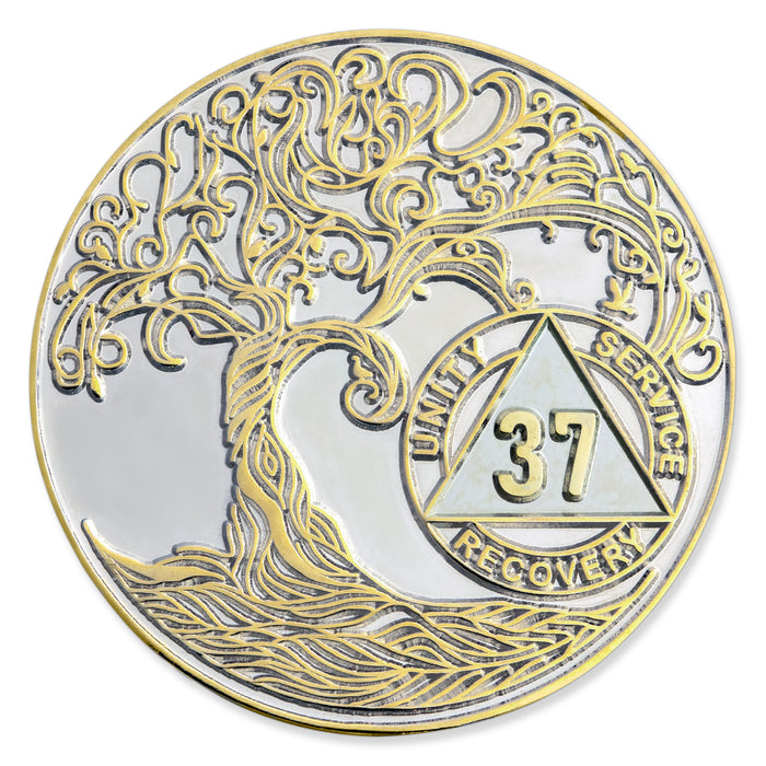 1 to 50 Year XL 40mm Nickel & Gold Bi-Plated Sobriety Mint Twisted Tree of Life AA Recovery Medallion - Silver/Gold