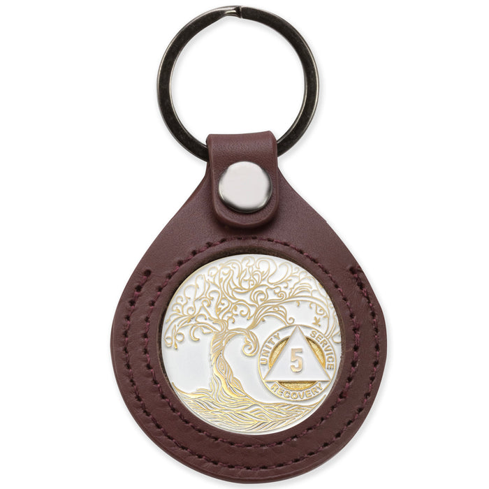 Sobriety Mint Genuine Leather 34mm AA Medallion Keychain Holder - Recovery Chip/Coin/Token Holder - Dark Red