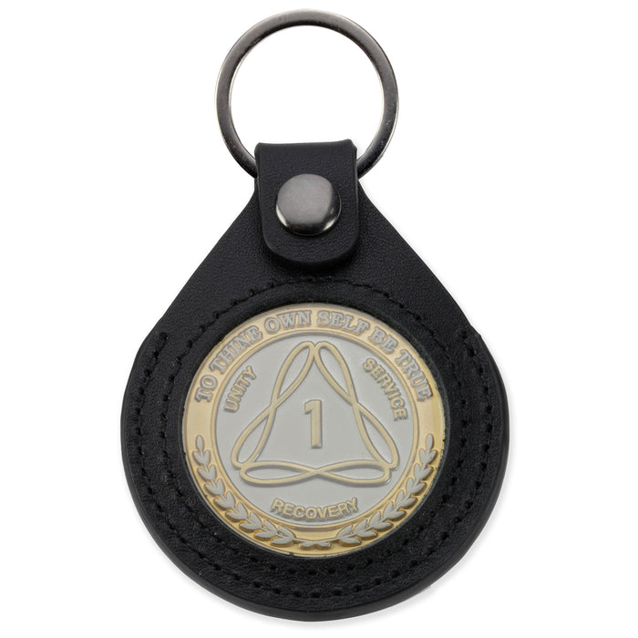 Sobriety Mint Genuine Leather 40mm AA Medallion Keychain Holder - Recovery Chip/Coin/Token Holder - Black