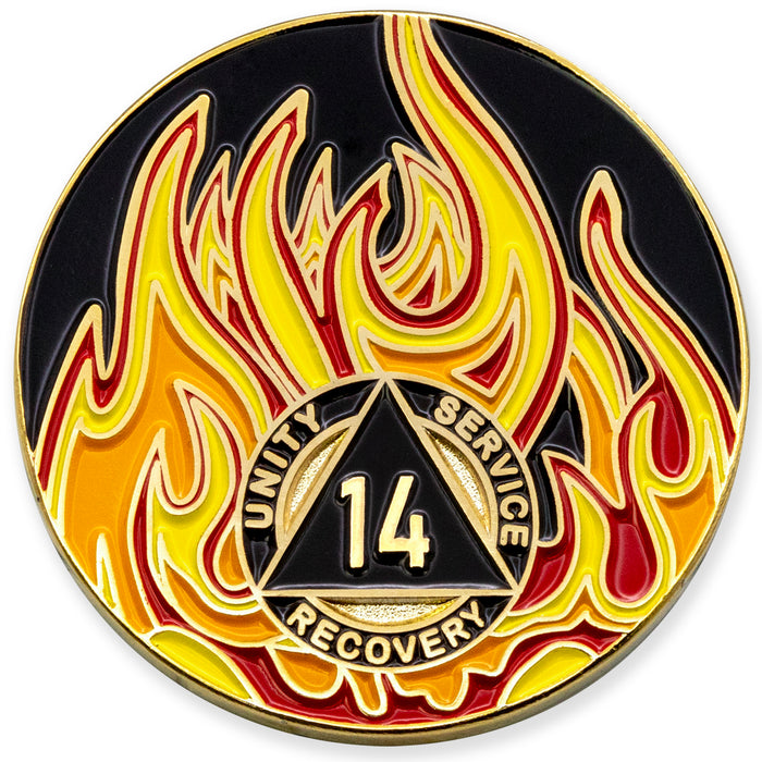 14 Year Sobriety Mint Twisted Flames Gold Plated AA Recovery Medallion/Chip/Coin - Black/Red/Orange/Yellow