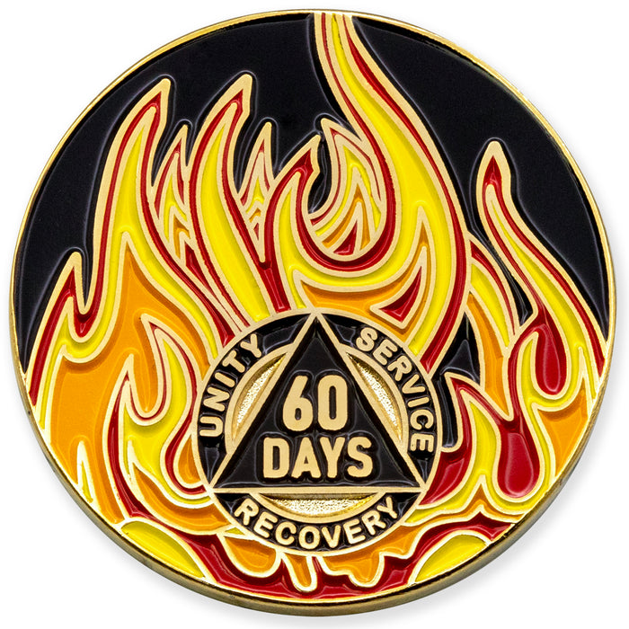 1 to 40 Year Sobriety Mint Twisted Flames Gold Plated AA Recovery Medallion/Chip/Coin - Black/Red/Orange/Yellow