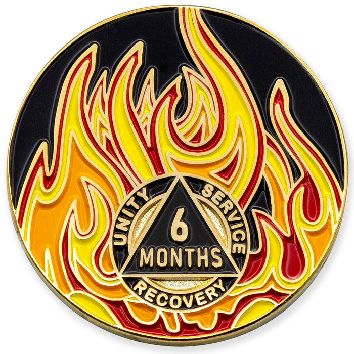 6 Month Sobriety Mint Twisted Flames Gold Plated AA Recovery Medallion - Six Months Chip/Coin - Black/Red/Orange/Yellow