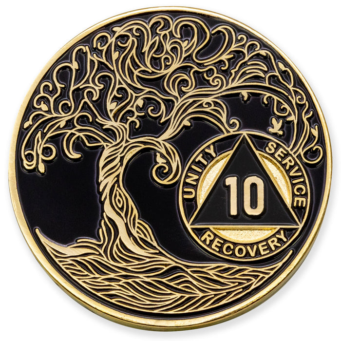 10 Year Sobriety Mint Twisted Tree of Life Gold Plated AA Recovery Medallion - Ten Year Chip/Coin - Black
