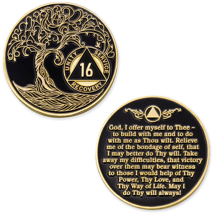 16 Year Sobriety Mint Twisted Tree of Life Gold Plated AA Recovery Medallion - Sixteen Year Chip/Coin - Black