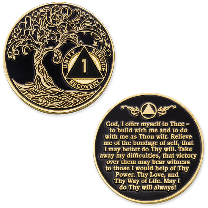1 Year Sobriety Mint Twisted Tree of Life Gold Plated AA Recovery Medallion - One Year Chip/Coin - Black