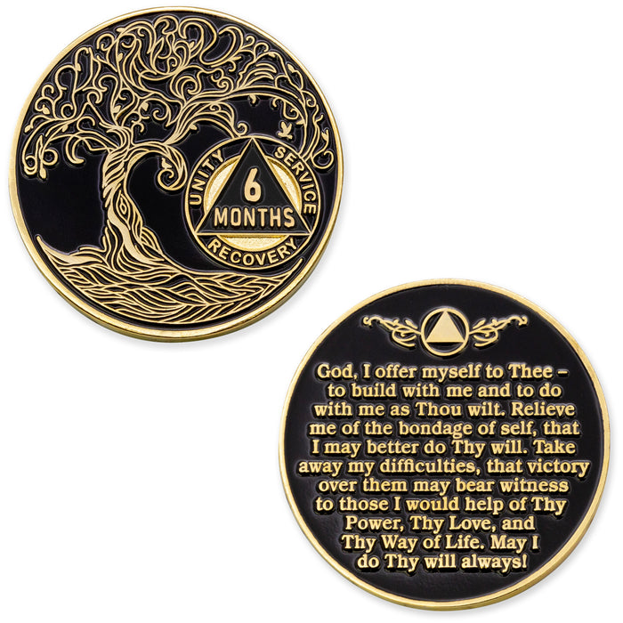 6 Month Sobriety Mint Twisted Tree of Life Gold Plated AA Recovery Medallion - Six Month Chip/Coin - Black