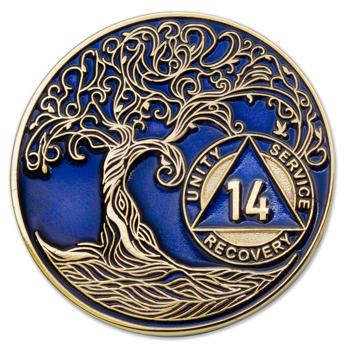 14 Year Sobriety Mint Twisted Tree of Life Gold Plated AA Recovery Medallion - Fourteen Year Chip/Coin - Blue