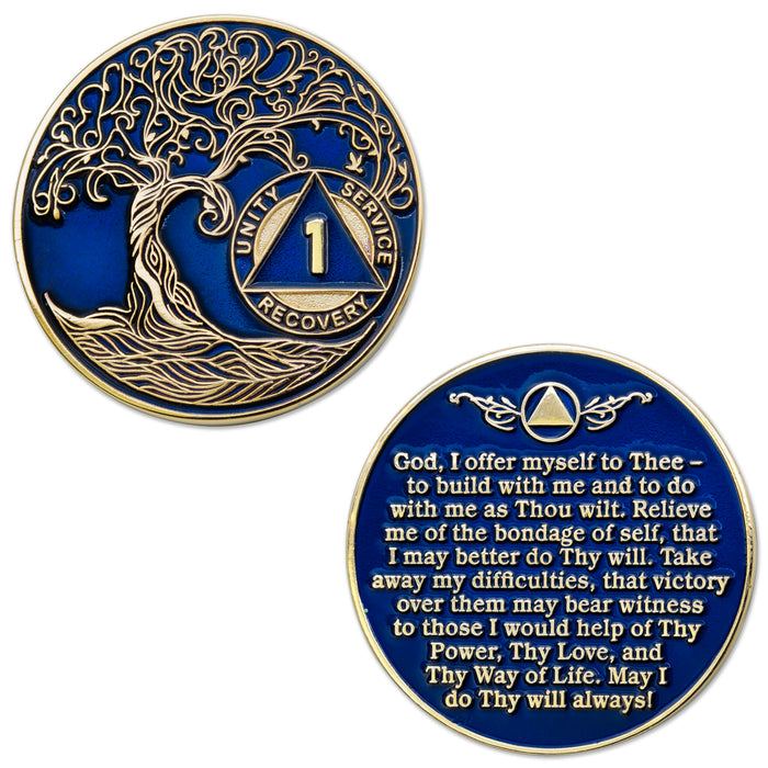 1 Year Sobriety Mint Twisted Tree of Life Gold Plated AA Recovery Medallion - One Year Chip/Coin - Blue