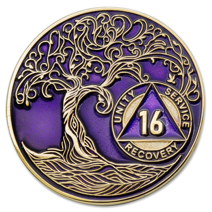 16 Year Sobriety Mint Twisted Tree of Life Gold Plated AA Recovery Medallion - Sixteen Year Chip/Coin - Purple