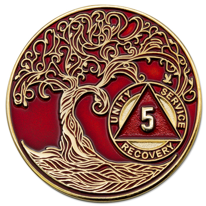 5 Year Sobriety Mint Twisted Tree of Life Gold Plated AA Recovery Medallion - Five Year Chip/Coin - Red