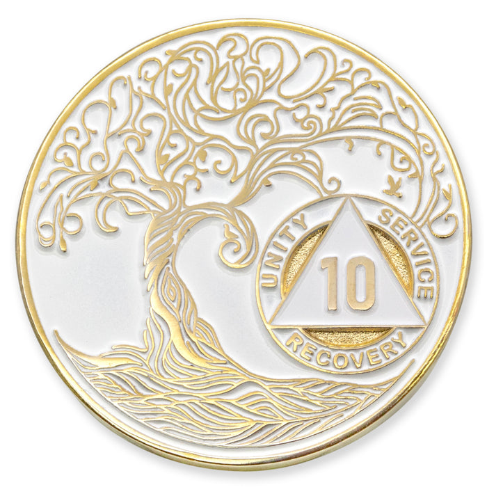 10 Year Sobriety Mint Twisted Tree of Life Gold Plated AA Recovery Medallion - Ten Year Chip/Coin - White + Velvet Case