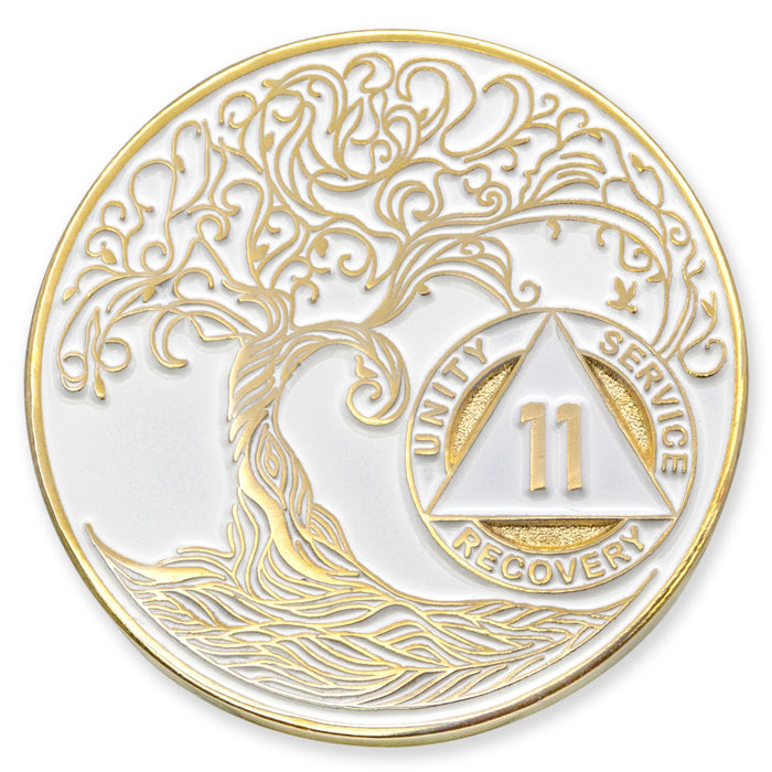 11 Year Sobriety Mint Twisted Tree of Life Gold Plated AA Recovery Medallion - Eleven Year Chip/Coin - White