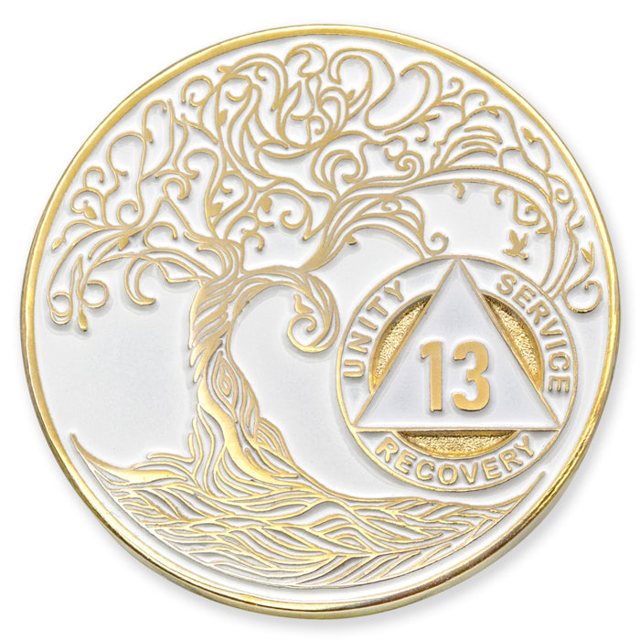 13 Year Sobriety Mint Twisted Tree of Life Gold Plated AA Recovery Medallion - Thirteen Year Chip/Coin - White