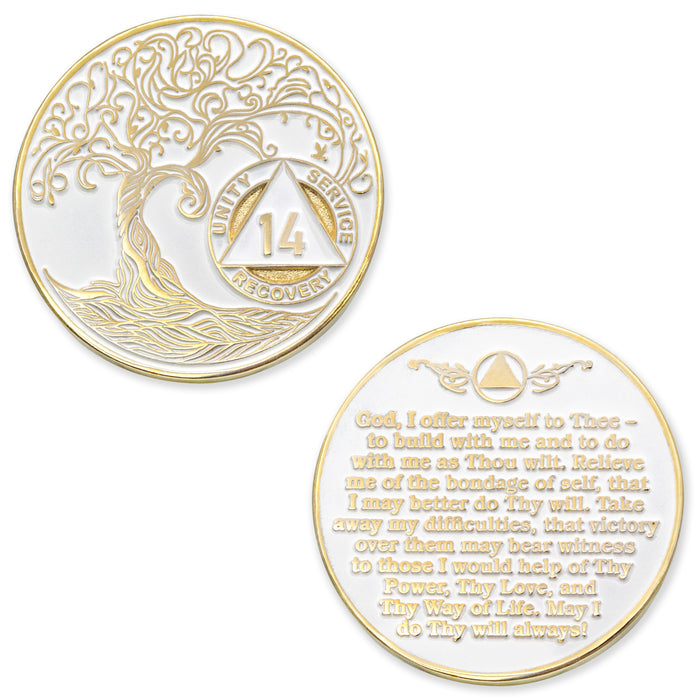 14 Year Sobriety Mint Twisted Tree of Life Gold Plated AA Recovery Medallion - Fourteen Year Chip/Coin - White