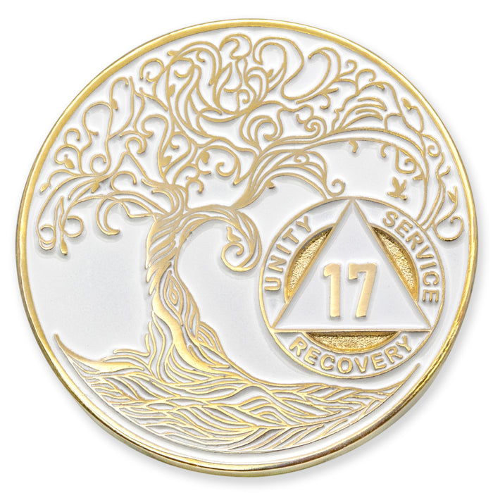 17 Year Sobriety Mint Twisted Tree of Life Gold Plated AA Recovery Medallion - Seventeen Year Chip/Coin - White + Velvet Case