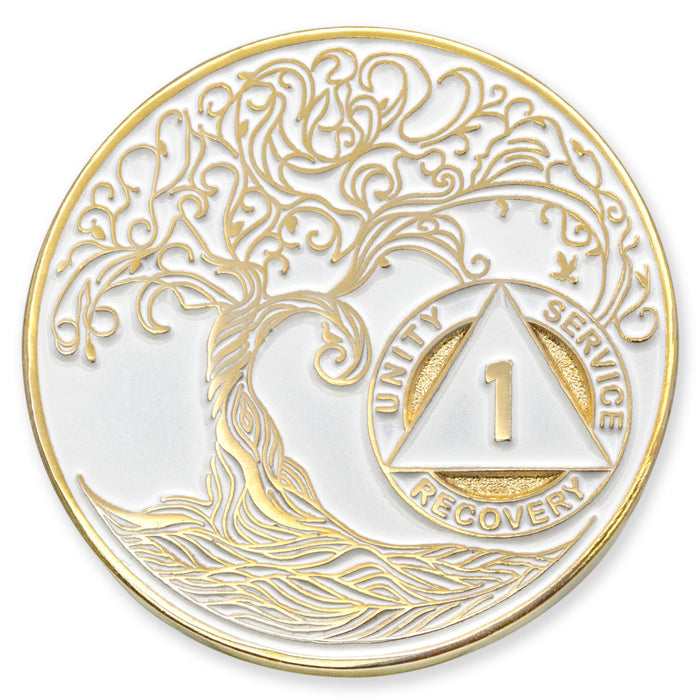 1 Year Sobriety Mint Twisted Tree of Life Gold Plated AA Recovery Medallion - One Year Chip/Coin - White