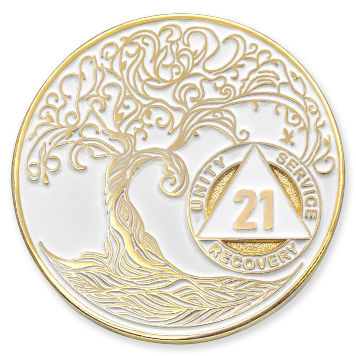 21 Year Sobriety Mint Twisted Tree of Life Gold Plated AA Recovery Medallion - Twenty-One Year Chip/Coin - White