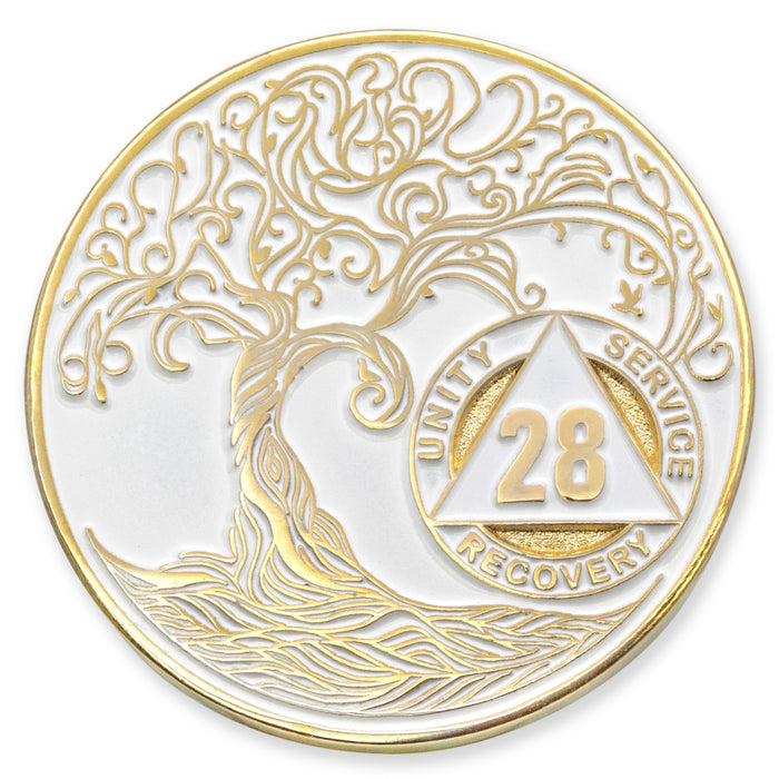 28 Year Sobriety Mint Twisted Tree of Life Gold Plated AA Recovery Medallion - Twenty Eight Year Chip/Coin - White + Velvet Case