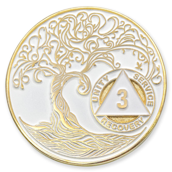3 Year Sobriety Mint Twisted Tree of Life Gold Plated AA Recovery Medallion - Three Year Chip/Coin - White + Velvet Case