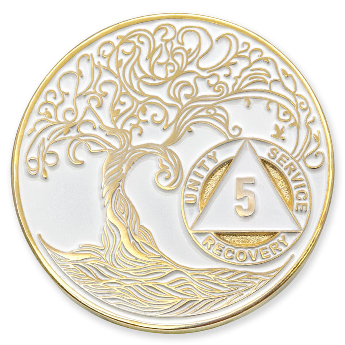 5 Year Sobriety Mint Twisted Tree of Life Gold Plated AA Recovery Medallion - Five Year Chip/Coin - White + Velvet Case