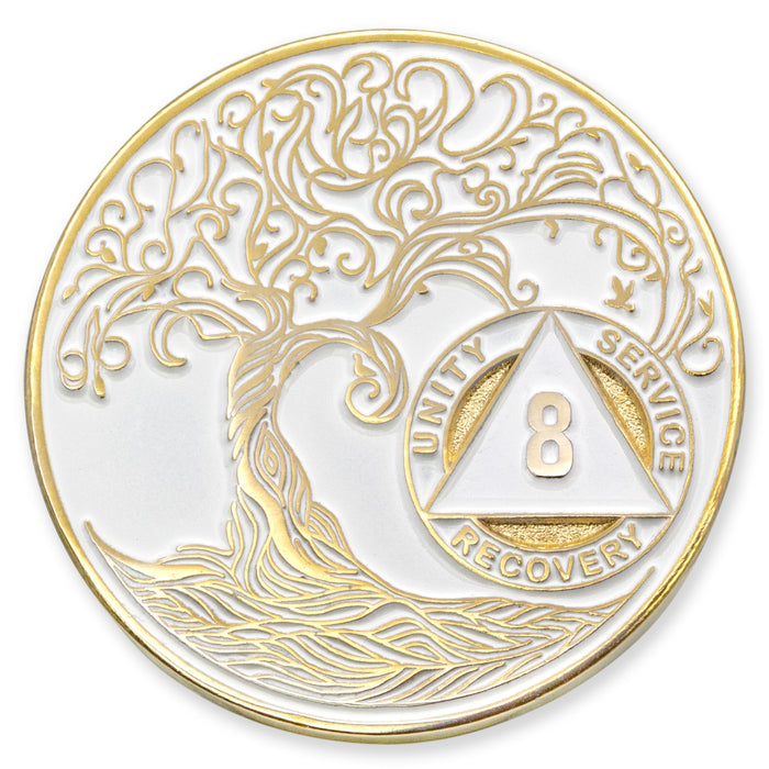 8 Year Sobriety Mint Twisted Tree of Life Gold Plated AA Recovery Medallion - Eight Year Chip/Coin - White + Velvet Case