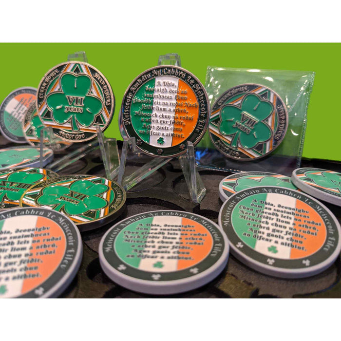 15 Year Shamrock Themed AA/NA Recovery Medallion - 40mm Fancy Chip/Coin - Green/White/Orange