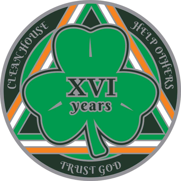 16 Year Shamrock Themed AA/NA Recovery Medallion - 40mm Fancy Chip/Coin - Green/White/Orange