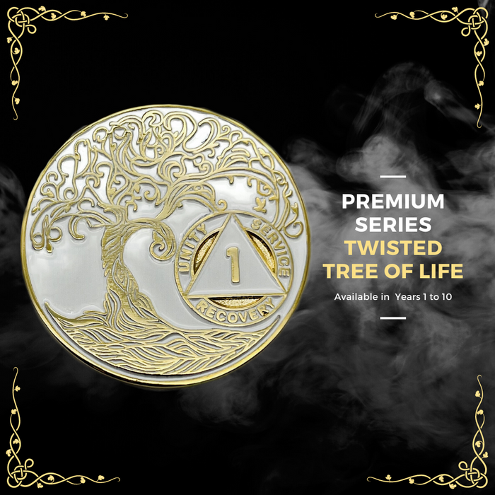 5 Year Sobriety Mint Twisted Tree of Life Gold Plated AA Recovery Medallion - Five Year Chip/Coin - White