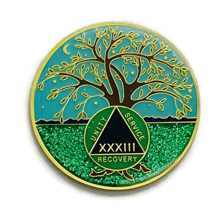 33 Year Tree of Life Specialty AA Recovery Medallion - Tri-Plated Thirty-Three Year Chip/Coin + Velvet Case