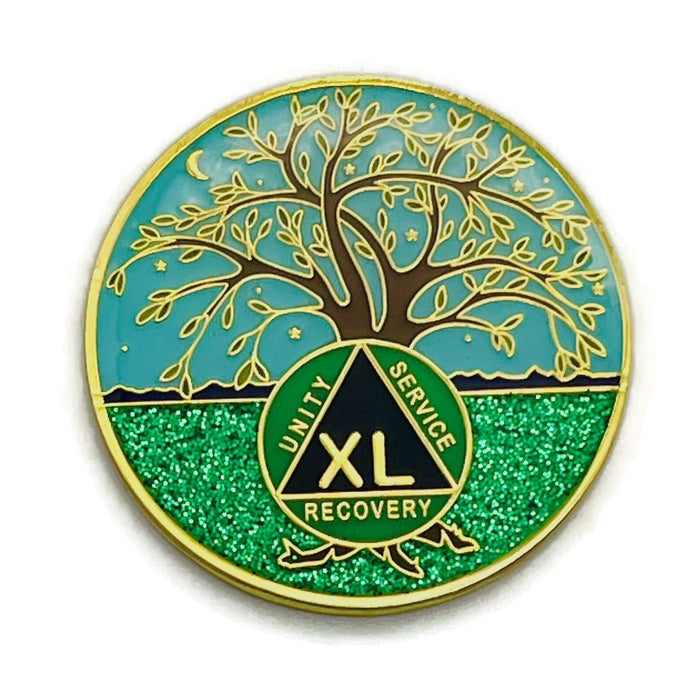 40 Year Tree of Life Specialty AA Recovery Medallion - Tri-Plated Forty Year Chip/Coin + Velvet Case