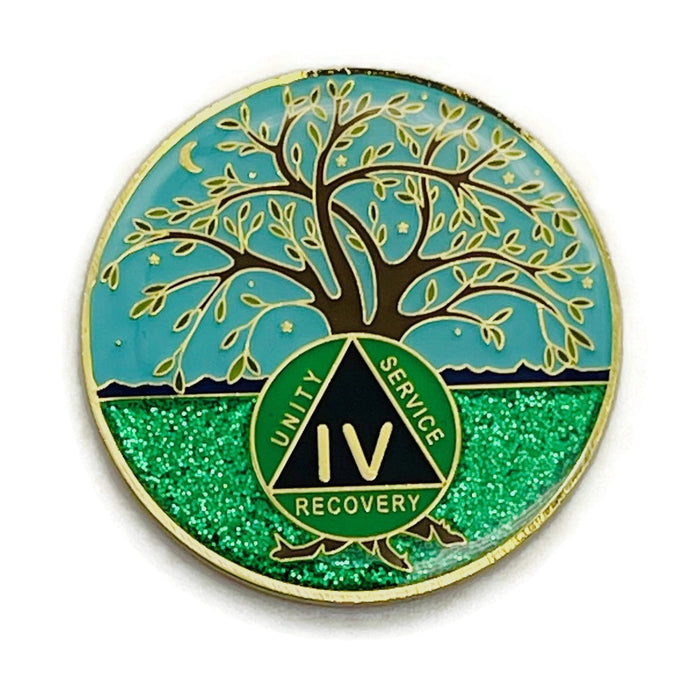 4 Year Tree of Life Specialty AA Recovery Medallion - Tri-Plated Four Year Chip/Coin + Velvet Case